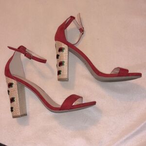 WILD DIVA LOUNGE- Red Suede Embroidered Ankle Strap on Woven Block Heel Sz 6.5